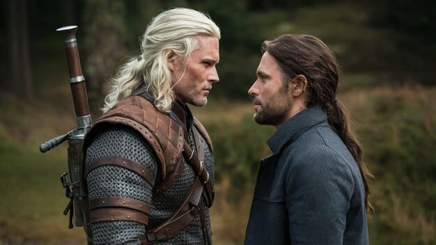 A side-by-side comparison image showing Henry Cavill as Geralt on the left and Liam Hemsworth as Geralt on the right, highlighting the physical and stylistic differences and prompting viewers to consider the potential interpretation of the character.