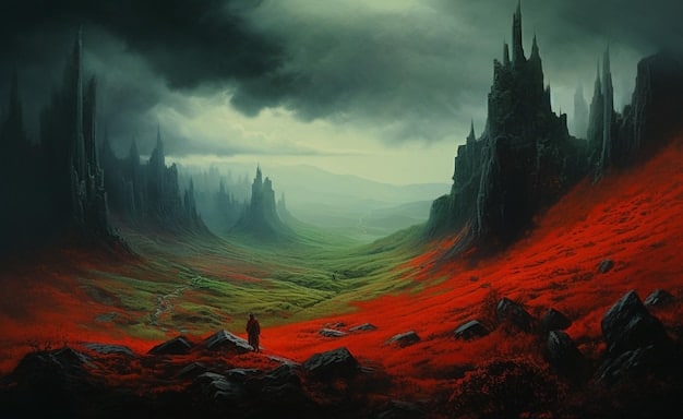 A panoramic shot of the landscape in 'The Witcher: Blood Origin,' showcasing the ancient Elven kingdoms and the diverse terrain of the Continent. The image evokes a sense of history, adventure, and the passage of time.