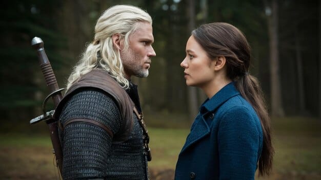 A side-by-side comparison of Henry Cavill as Geralt in The Witcher Season 1 and Liam Hemsworth in promotional material for an upcoming project, highlighting the physical differences and similarities between the two actors.