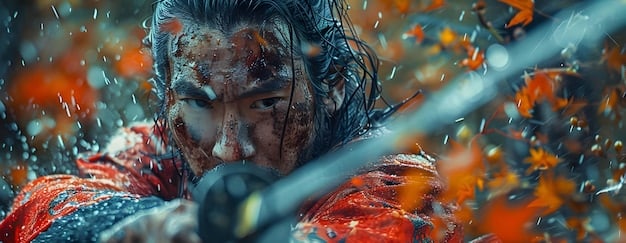 A close-up shot focusing on Geralt during a sword fight in 'The Witcher' Season 3. The image should highlight the intricate details of his movements, the intensity of his expression, and the battle environment, capturing the raw energy and skill involved in his combat style.