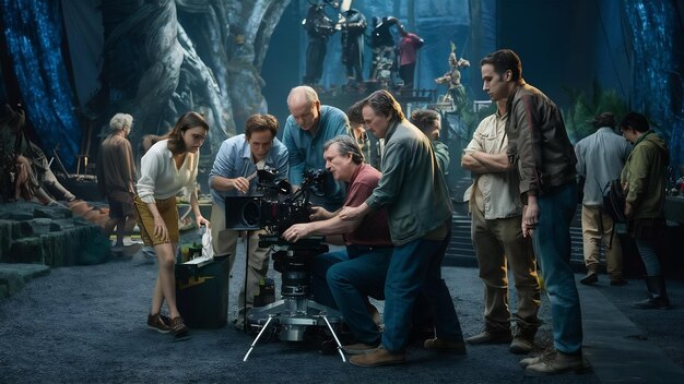 A behind-the-scenes shot of a film crew working on a set that resembles the Continent from The Witcher, showing various crew members and equipment.