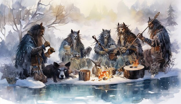 A digital painting of a group of witchers from different schools (Wolf, Viper, Bear, Cat) standing together in a snowy landscape, showcasing their unique armor and weapons.