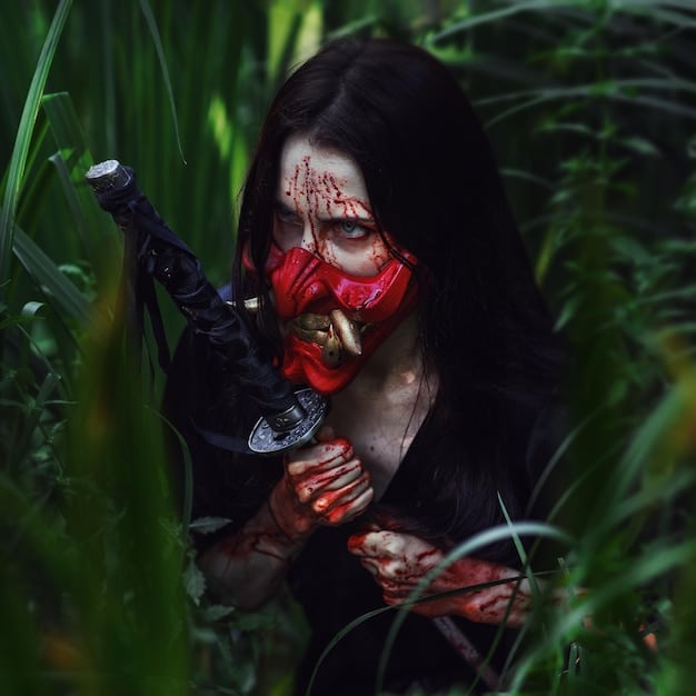 A still from The Witcher: Blood Origin showing Éile (played by Sophia Brown) in intense combat, wielding a sword with determination and grace, surrounded by enemies in a forest setting. The scene is dimly lit, emphasizing the raw and gritty nature of the fight.