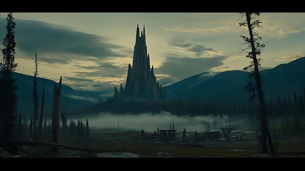 A panoramic view of the elven city of Xin'trea from The Witcher: Blood Origin before its fall, showcasing its advanced architecture and vibrant culture. Elves are depicted going about their daily lives, highlighting the grandeur and sophistication of their civilization before its destruction.