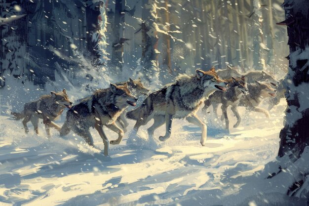 A dynamic, high-resolution digital painting depicting the Wild Hunt galloping across a wintry landscape, with spectral riders clad in eerie armor, emitting a chilling blue glow. The sky is filled with swirling snow and a menacing green aurora, enhancing their ghostly presence.