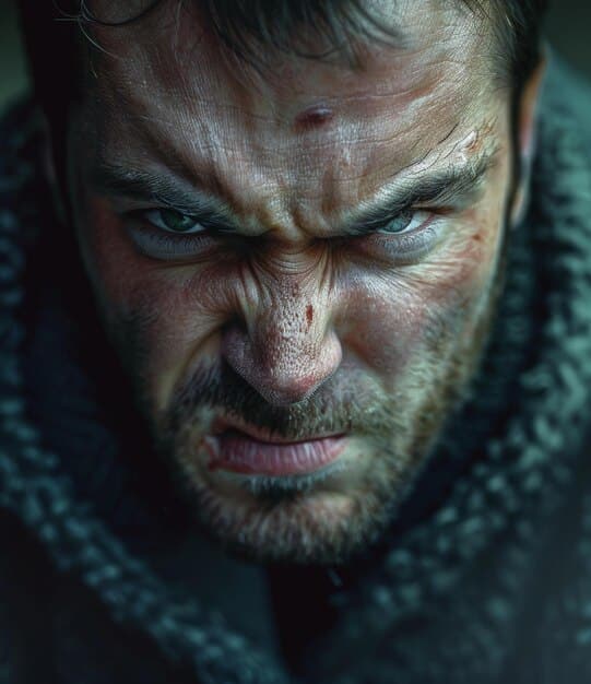 Close-up of Geralt in the heat of battle during the Thanedd coup, covered in dirt and sweat, sword in hand, with a determined look in his eyes. The background is blurred, showing the chaos of the battle with wizards dueling and fires raging.