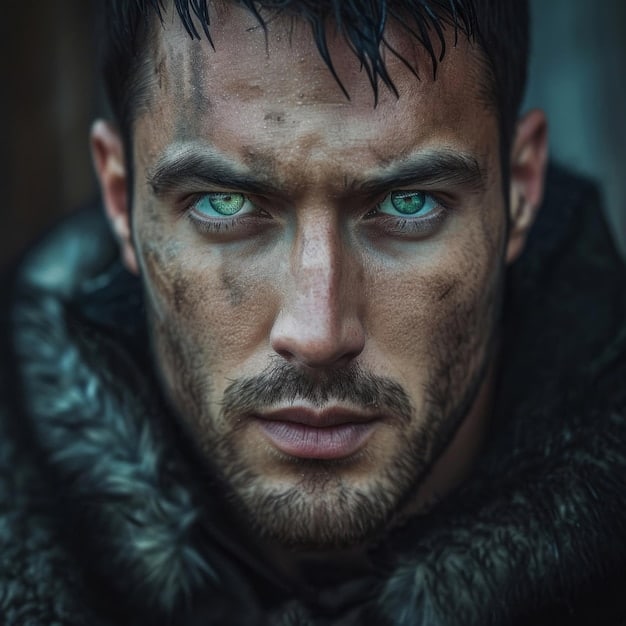 A close-up shot of Henry Cavill as Geralt of Rivia, focusing on his scarred face and intense eyes, conveying the hardships and mutations endured by witchers.