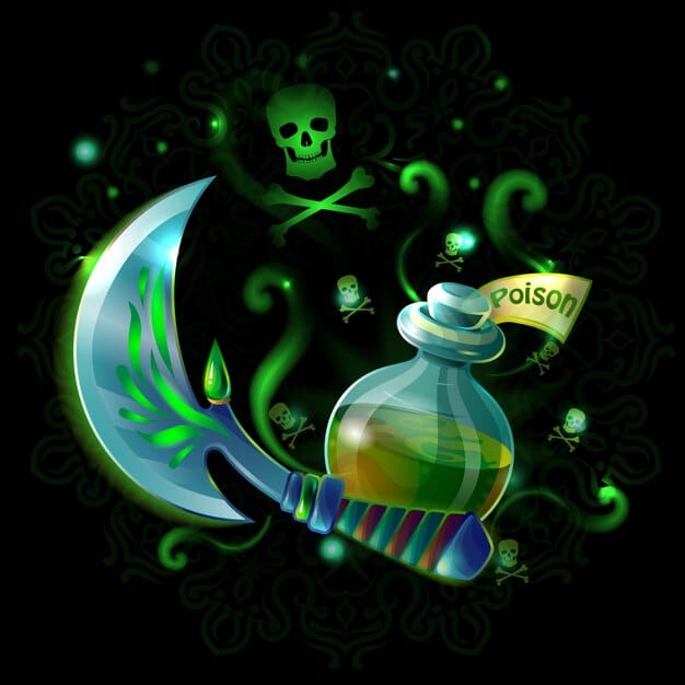 A dark, stylized depiction of a Viper School witcher, highlighting their use of daggers and a vial of poison, emphasizing their stealth and reliance on toxins.