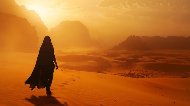 A wide shot of Ciri standing alone in the vast Korath desert, the sun beating down on her, looking determined but also slightly lost and scared.