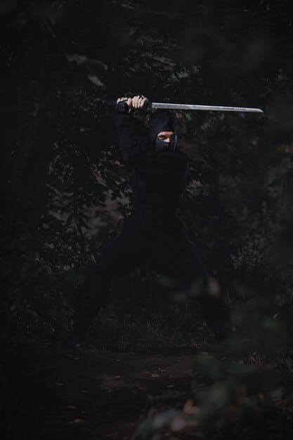A dramatic shot of Ciri standing alone, surrounded by a dark forest, with her sword drawn and her face reflecting a mix of determination and fear. The lighting emphasizes the isolation and danger she faces.