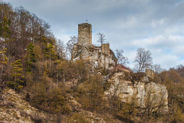 A detailed shot of the Ogrodzieniec Castle in Poland, focusing on its weathered stone walls and imposing towers. The sky is overcast, adding to the castle's sense of age and history.