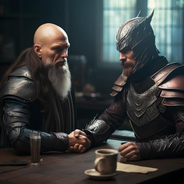 A medium shot of Geralt of Rivia in a tense negotiation with a local lord in a muddy village, emphasizing his struggle to remain neutral amidst the political and social issues of the region. Rain is falling.
