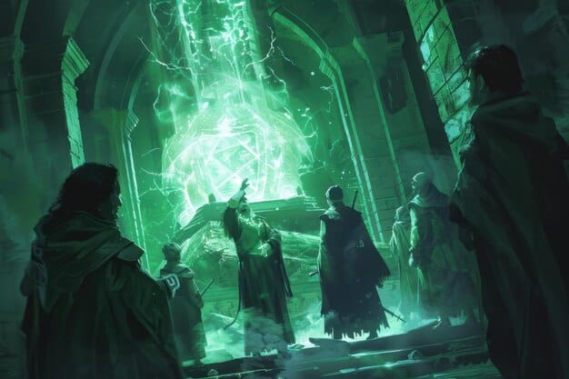 Scene from the Aretuza coup in 'The Witcher' Season 3, showing wizards engaged in a chaotic magical battle with energy blasts and crumbling structures.