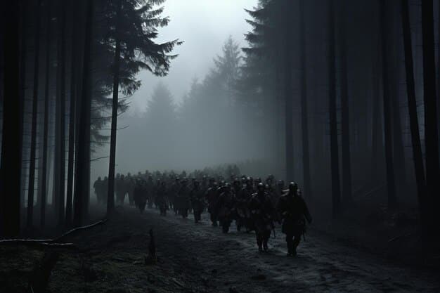 A wide shot of the Nilfgaardian army advancing through a dark, war-torn landscape. Soldiers in black armor march in unison, with flags bearing the Nilfgaardian sun emblem waving in the background. The scene conveys a sense of impending doom and military might.