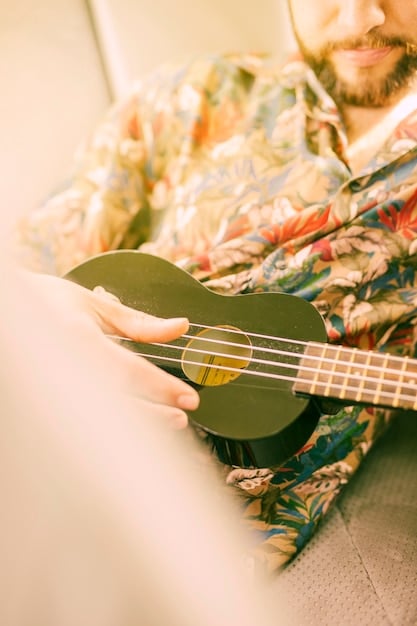 A close-up of a musician playing a folk instrument, such as a dulcimer or lute, with sheet music from 