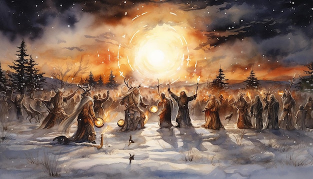 A detailed illustration showing Odin leading a spectral hunt during a winter solstice celebration. The riders are depicted as ancient warriors with horned helmets, accompanied by spectral wolves and ravens. The scene is set against a backdrop of snow-covered forests and a stormy sky.