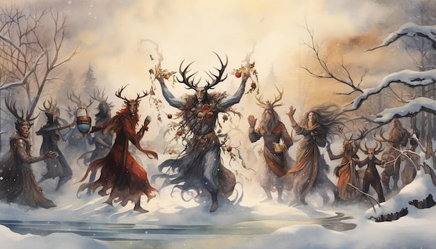 A panoramic painting of a spectral hunt scene inspired by the *Mesnie Hellequin*. Masked demons ride skeletal horses through a dark, desolate landscape, carrying torches that cast eerie shadows. In the background, a medieval village is engulfed in flames, adding to the chaotic atmosphere.