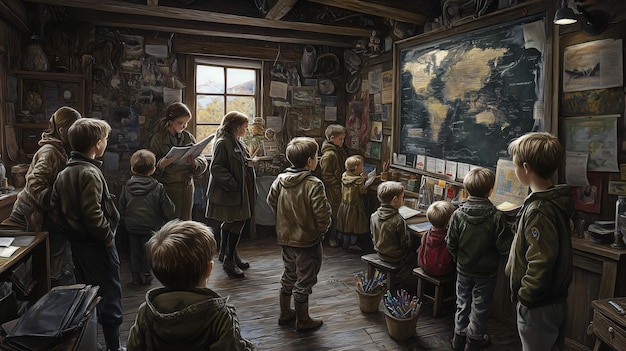 An image of a classroom scene within Aretuza, with students practicing complex hand gestures for a conjuration spell under the watchful eye of a stern instructor.