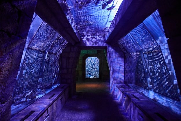 A mysterious locked vault deep within Aretuza, filled with glowing scrolls and dark artifacts, depicting the dangers of forbidden magic.