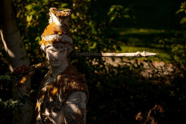 A lone Scoia'tael warrior, with a bow in hand, hidden amongst the dense foliage of a forest. He is wearing camouflage appropriate for the forest and has a determined look on his face. The background is blurred.