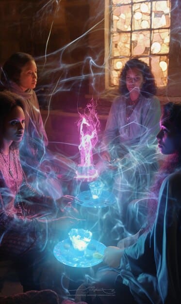 An image depicting a group of sorceresses and sorcerers channeling elemental magic. Show them casting spells with fire, water, earth, and air, with magical energies swirling around them to emphasize the raw power of the Conjunction's magic.