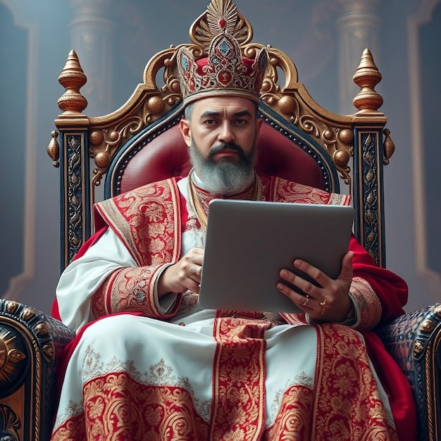 A portrait of Emperor Emhyr var Emreis, highlighting his regal bearing and calculating gaze. He is adorned in black and gold armor, symbolizing his power and authority. The background is a blurred image of the Nilfgaardian capital, emphasizing his connection to the empire.