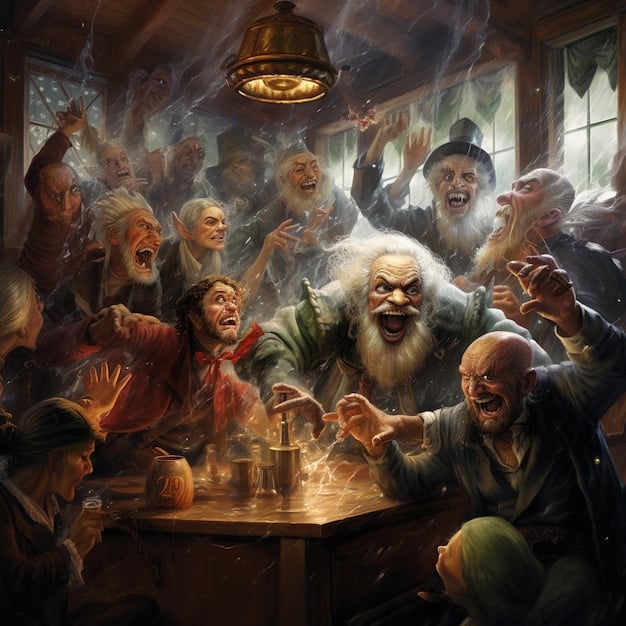 A close-up of a group of peasants, their faces filled with fear and anger, gathered around a burning pyre. A figure, possibly a witch or a person accused of witchcraft, is tied to the stake.