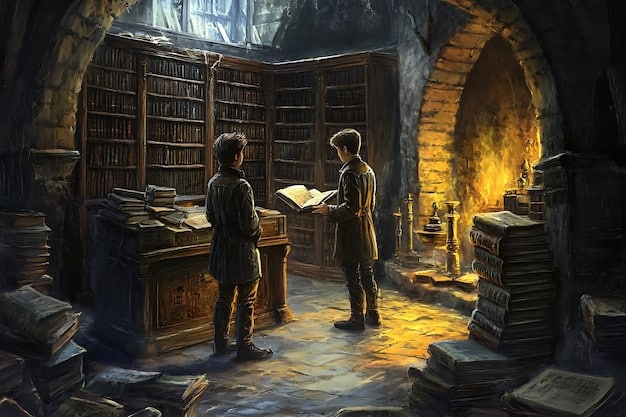 A detailed illustration of a clandestine meeting between a group of mages in a dimly lit library, surrounded by arcane books and artifacts, suggesting a secret society or rebellion.