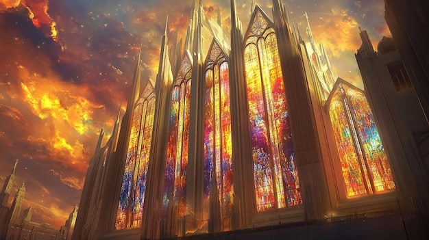 An imposing cathedral with stained glass windows depicting scenes of the Eternal Fire, surrounded by worshippers in solemn attire, symbolizing the church's authority and influence.