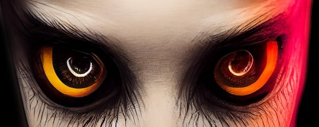 A detailed close-up of a ghoul's face. Its flesh is decaying, and its eyes glow with an unnatural, malevolent light. Sharp, jagged teeth are visible, reflecting its predatory nature. The background is blurred, suggesting it's lurking in shadows or a dark crypt.