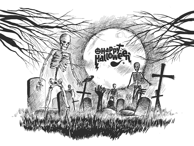 A sketch-like illustration portraying a group of ghouls feasting on corpses beneath a full moon. The scene is dark and grotesque, highlighting their ravenous hunger and the desecration of the dead. The ghouls have sharp claws and teeth and are surrounded by scattered bones and decaying flesh.