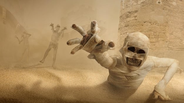 A digital painting illustrating Arabian ghouls in a desert landscape, with skeletal figures emerging from sand dunes, preying on a lost traveler. The color palette leans towards browns, reds, and yellows to emphasize the desert setting.