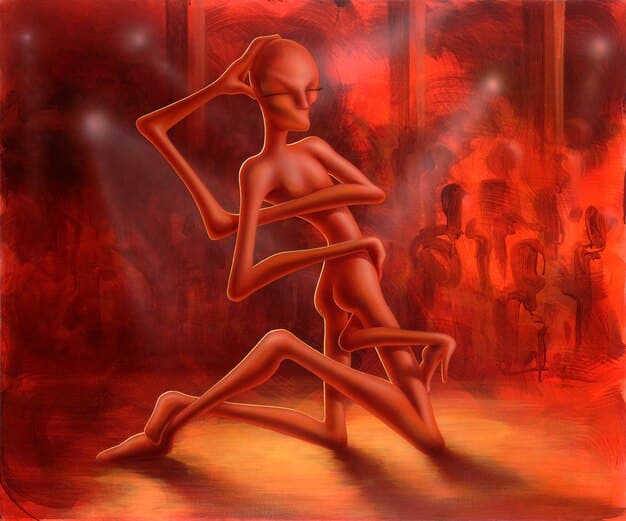 A digital artwork illustrating a human transforming into a ghoul. The image shows the gradual change in the person's features, with their skin becoming pale, eyes turning red, and nails growing into claws.