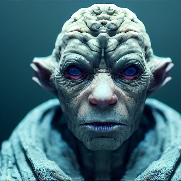 A detailed, emotional portrait of a sentient monster from the Witcher universe, like a leshen or a higher vampire. The monster's face is expressive, conveying a sense of intelligence and internal conflict. The background is blurred, focusing attention on the monster's unique features and the depth of its eyes.