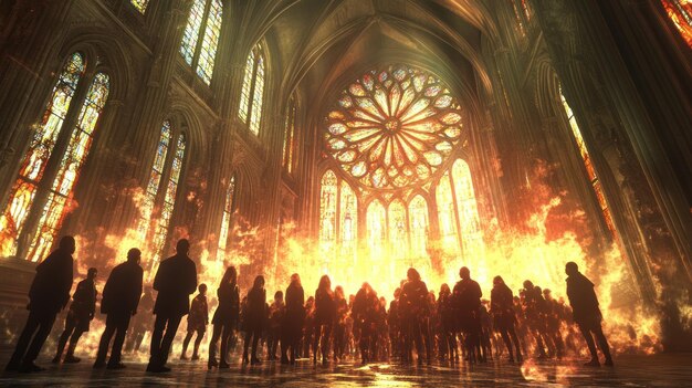 A massive cathedral, adorned with symbols of the Eternal Fire. Inside, priests are preaching to a large congregation, warning them about the dangers of magic.