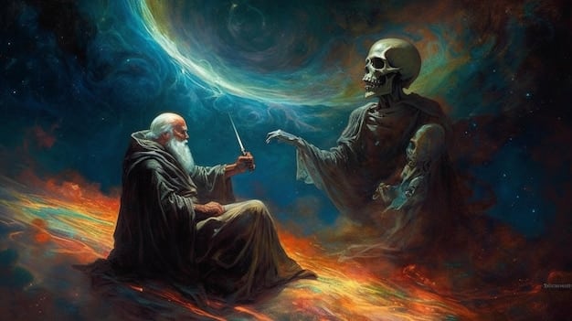 A detailed digital painting of a wizard casting a spell using a skull as a focus. Dark energy emanates from the skull and envelops a nearby body lying on a stone altar. The landscape around them is barren and twisted, reflecting the corrupting nature of the magic.