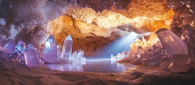 A panoramic view inside the ancient elven ruins of Loc Muinne, filled with glowing crystals and artifacts. The lighting highlights the intricate architecture and the magical energy permeating the area. The image captures the sense of mystery and ancient power, emphasizing the importance of these elven relics to the history and lore of the Witcher world.