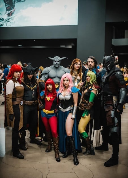 A group of cosplayers posing together at a comic book convention, showcasing a variety of detailed and creative costumes.