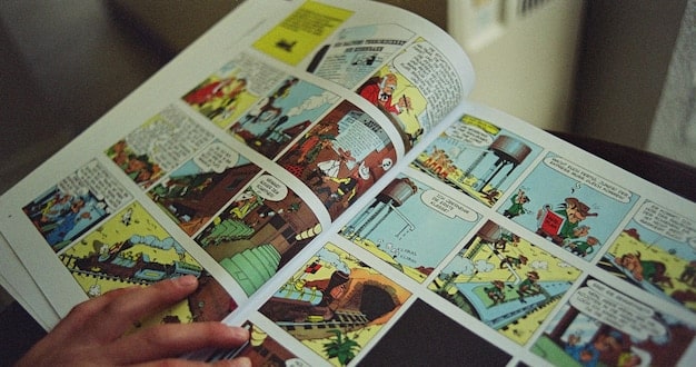 A split-screen image: On one side, a collector meticulously examining a vintage comic book under a magnifying glass. On the other side, a computer screen displaying an online comic book auction platform with numerous bidding options.