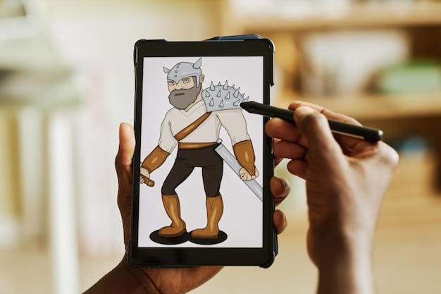 A comic book collector using a tablet to participate in an online auction. The tablet displays a comic book auction website with real-time bidding information, alongside a calculator used for budgeting.