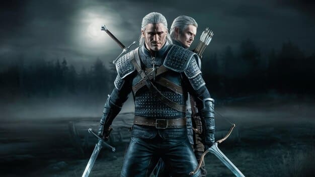 A promotional image from the Witcher Netflix series, featuring Henry Cavill as Geralt of Rivia, Anya Chalotra as Yennefer, and Freya Allan as Ciri. The image showcases the series' main characters and its visual style.