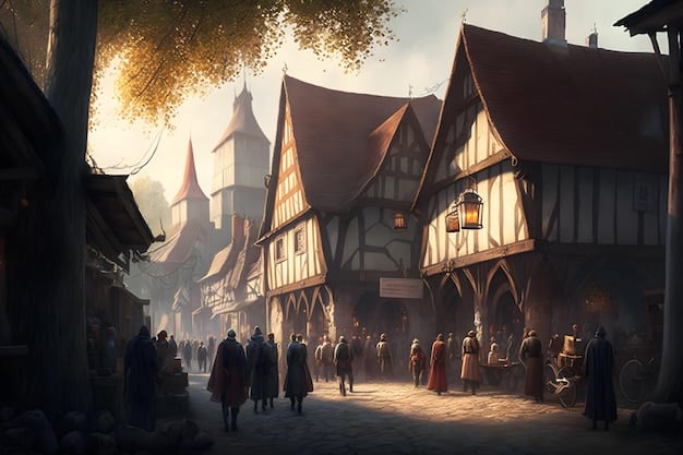 Concept art showing various characters in a bustling, Witcher-themed town square, highlighting the game's potential for rich, detailed environments and diverse NPCs. The image includes merchants, town guards, and ordinary citizens, with architecture blending medieval and fantasy elements.