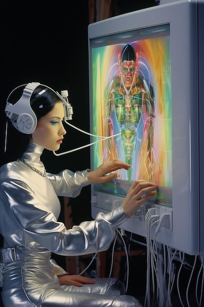 A concept art depicting a character customization screen for Project Orion. The screen displays various options for cyberware implants, hairstyles, clothing, and body modifications, highlighting the game's focus on player choice and customization.