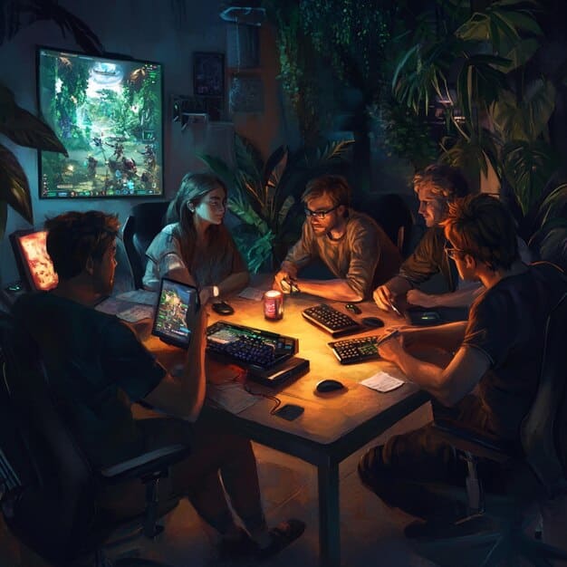 A concept art image showing a group of game developers in a meeting room, brainstorming ideas for the new Witcher game. Whiteboards are filled with sketches, notes, and character designs, capturing the creative process.