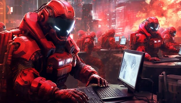 A close-up shot of a developer at CD Projekt Red working on a game engine, with code visible on the screen. A figurine of Geralt of Rivia sits on the desk.