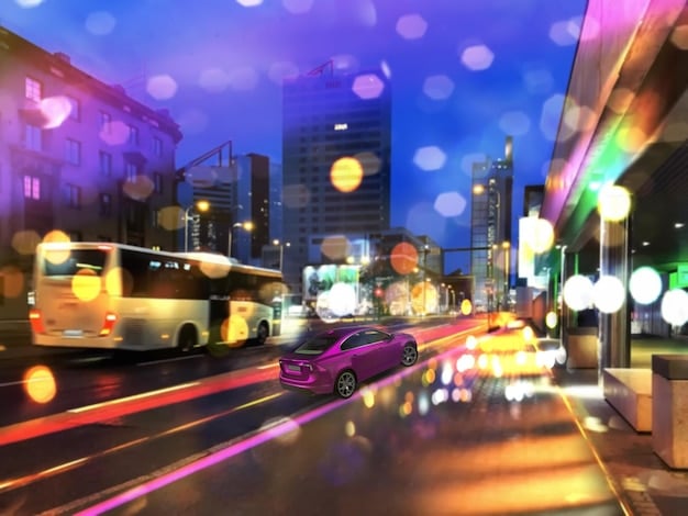 A digital painting depicting Night City from Cyberpunk 2077, with futuristic vehicles flying through the neon-lit streets and holographic advertisements.
