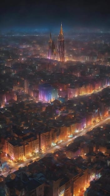 Concept art depicting a sprawling cityscape in The Witcher universe, showcasing a blend of medieval architecture and fantastical elements. The image conveys the potential for urban exploration and intrigue in the new game.