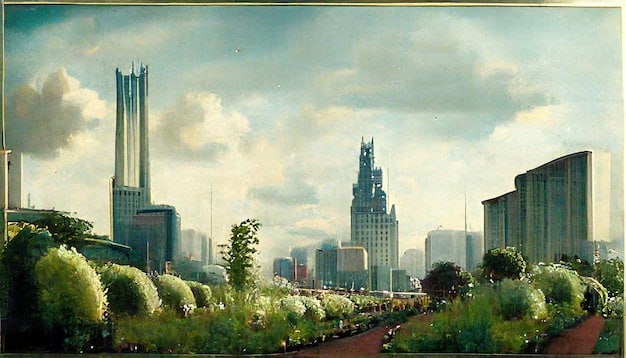 A conceptual artwork showing a redesigned Vizima, the capital city from the original Witcher game. The city should look more detailed and alive, with bustling streets and improved architecture.