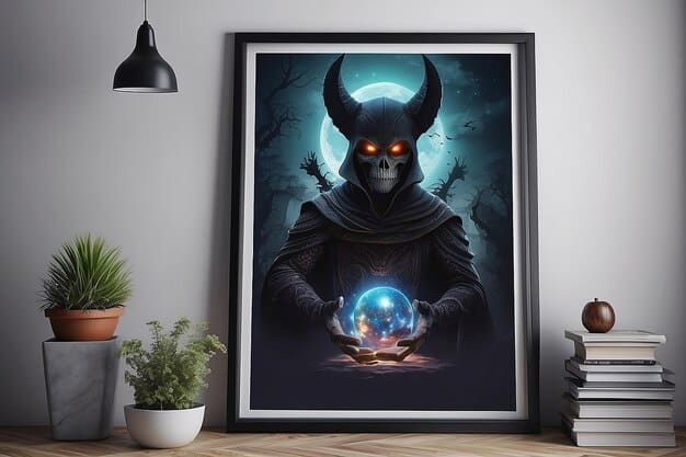 A framed Witcher poster hanging on a wall in a cozy living room. The poster features Geralt of Rivia facing a monster, with a warm and inviting color scheme that complements the room's decor.