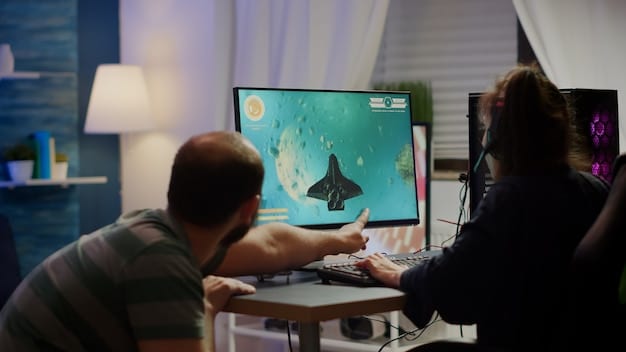 A behind-the-scenes shot of a game development studio, with developers working on multiple screens displaying code and game assets. The atmosphere is collaborative and focused.